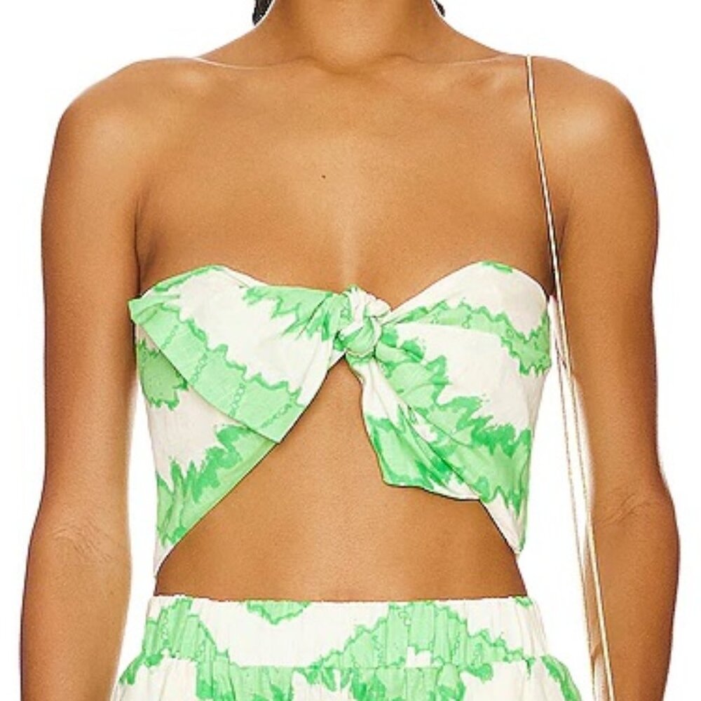 NWT RHODE TONI WHITE & GREEN  LINEN BANDEAU TOP IN WATERCOLOR ZIG ZAG PRINT